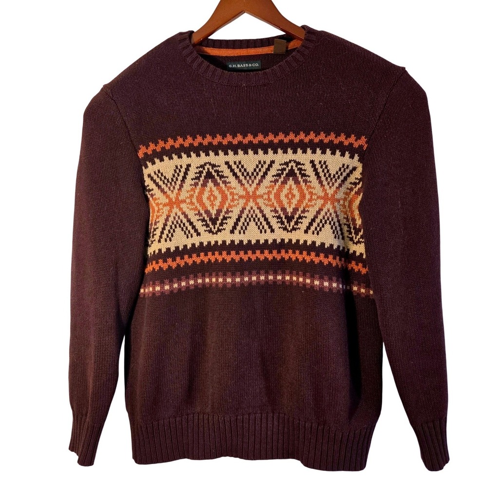 G H Bass Co Mens Sweater M Burgundy‎ Fair Isle Geometric Cotton Crew Neck